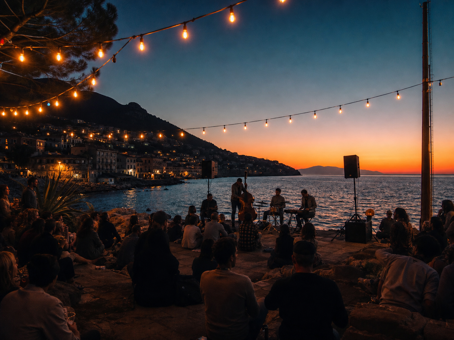 Evento serale all'aperto sul mare con pubblico e impianto di diffusione sonora illuminato
