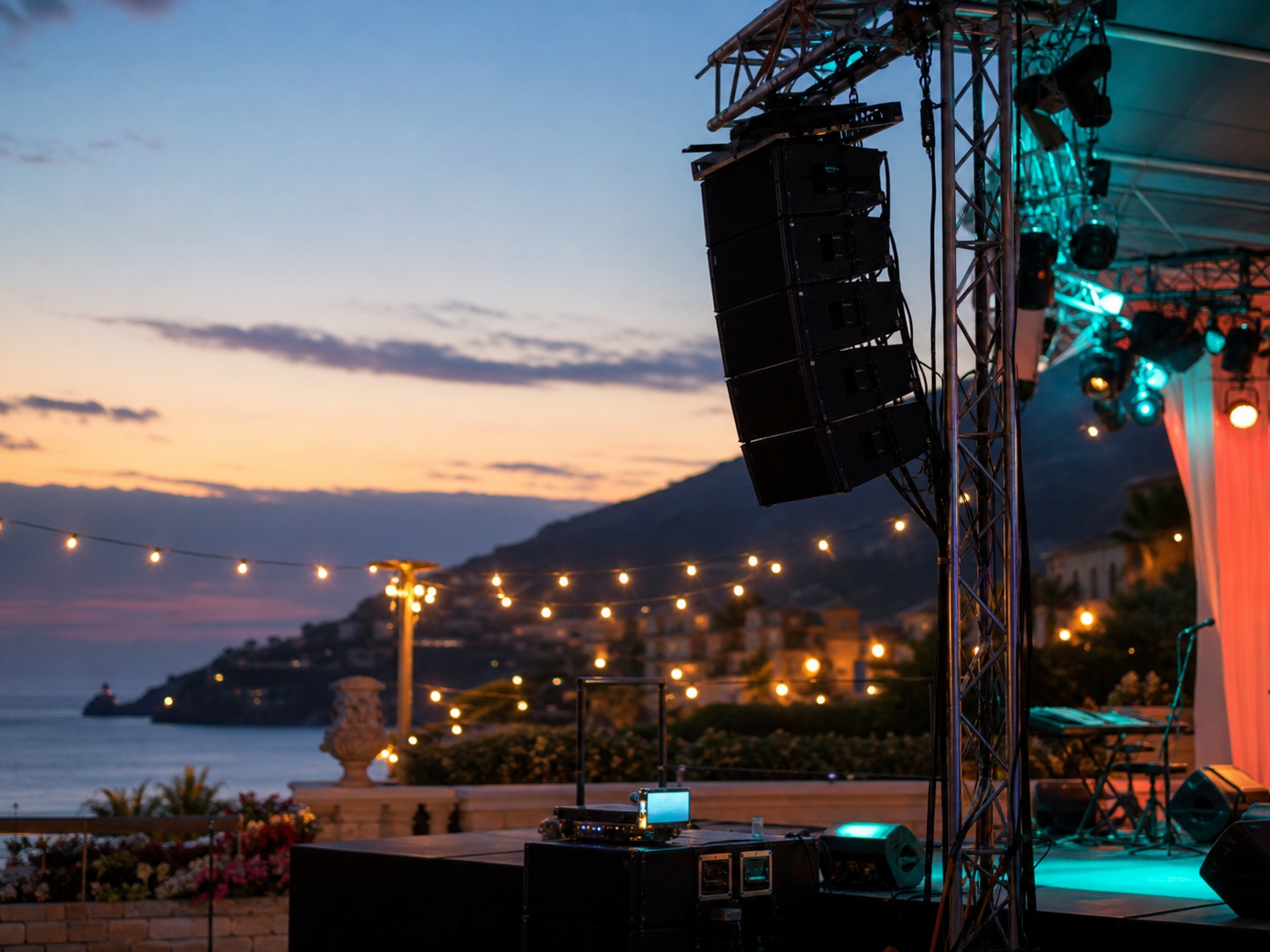 Impianto di diffusione sonora line-array su un palco all'aperto durante un evento serale vicino al mare
