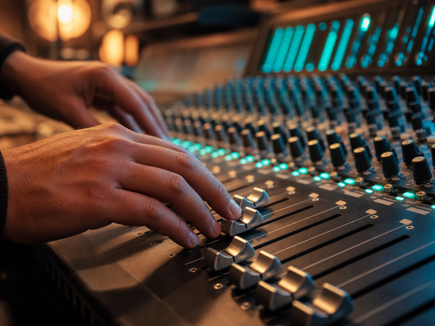 Mani che regolano fader e manopole su un mixer audio professionale con luci teal dei vumetri