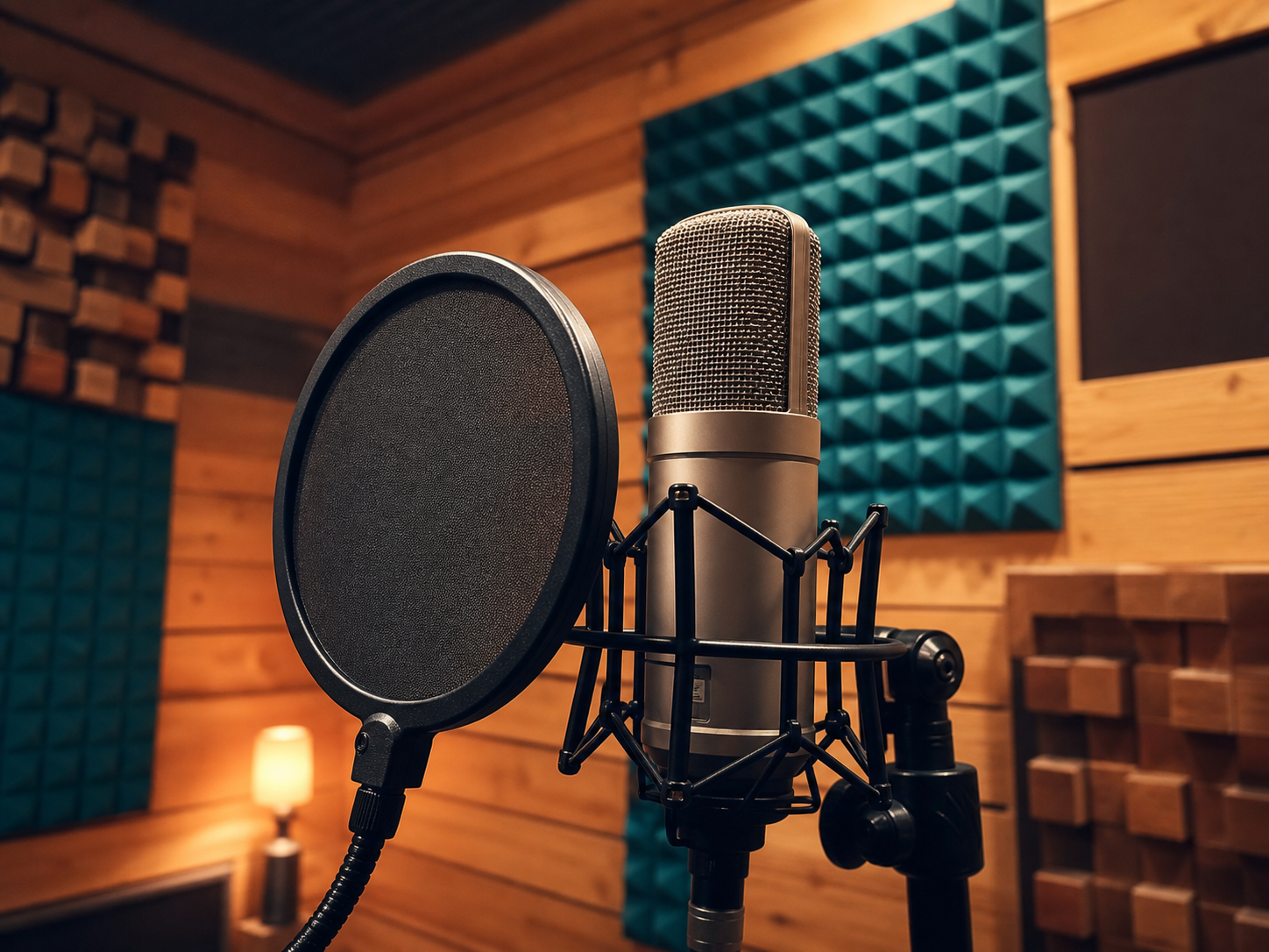Cabina di registrazione professionale in legno chiaro con microfono su asta, pop filter e pannelli acustici
