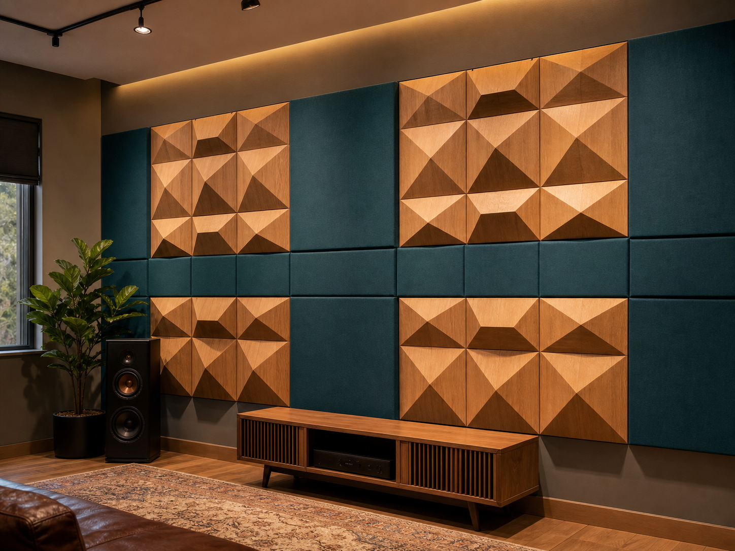 Parete con pannelli fonoassorbenti e diffusori acustici geometrici installati in un ambiente dai toni caldi