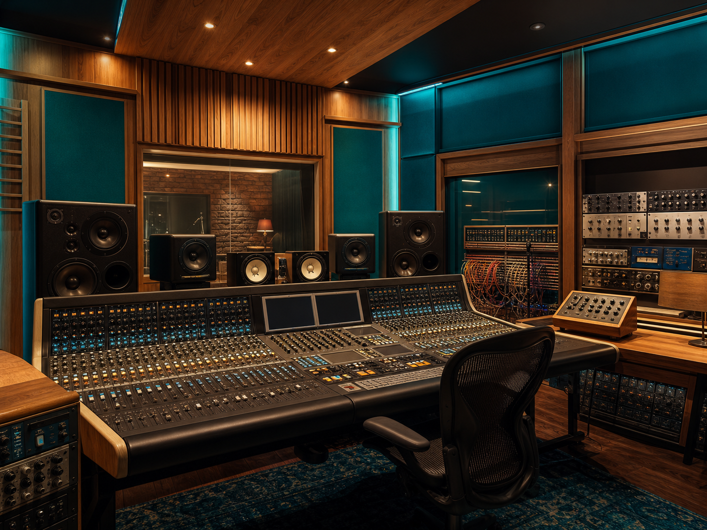 Sala regia dello studio con consolle di missaggio, pannelli acustici e illuminazione calda